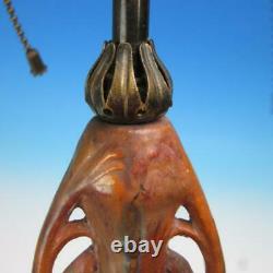 1910 Art Craft Iris High Relief Fulper Faience Pottery Bronze Lamp withMetal Base