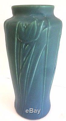 1914 Rookwood Tall Blue Green Matte Tulips Arts Crafts Pottery Vase vtg rare