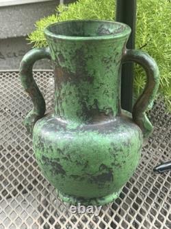 1920's Weller Coppertone Green Arts & Crafts 10.5 Vase with Handles