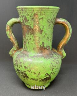 1920's Weller Coppertone Green Arts & Crafts 10.5 Vase with Handles