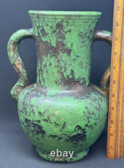1920's Weller Coppertone Green Arts & Crafts 10.5 Vase with Handles