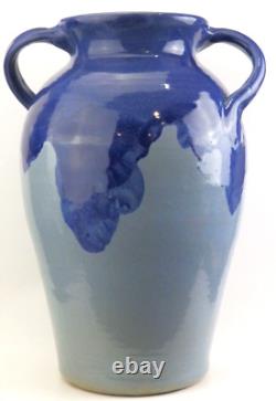 1930s Zanesville Pottery Arts & Crafts Blue Oil Jar Floor Vase Umbrella Stand