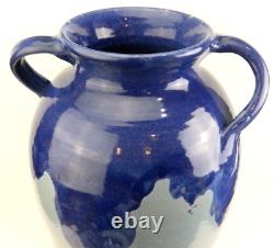 1930s Zanesville Pottery Arts & Crafts Blue Oil Jar Floor Vase Umbrella Stand