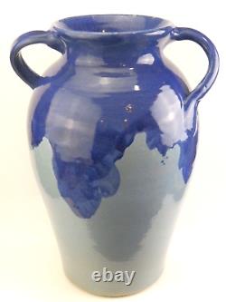 1930s Zanesville Pottery Arts & Crafts Blue Oil Jar Floor Vase Umbrella Stand