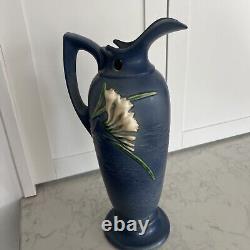 1940's ROSEVILLE FREESIA BLUE PITCHER Yellow& White Spring Flowers -16 Tall