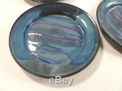 1996 Gibbs Pottery Set 6 Plates 4 Bowls Signed Blue Glaze Hand Crafted 10 Piece
