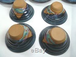 1996 Gibbs Pottery Set 6 Plates 4 Bowls Signed Blue Glaze Hand Crafted 10 Piece