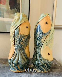 2 ANTIQUE ARTS CRAFTS NOUVEAU MAJOLICA KOI FISH CARP LAMP BASES PAIR Ceramic