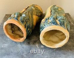 2 ANTIQUE ARTS CRAFTS NOUVEAU MAJOLICA KOI FISH CARP LAMP BASES PAIR Ceramic