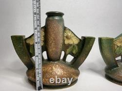2 Roseville Dahlrose 1928 Vintage Arts & Crafts Pottery Triple Bud Vase 76-6 C30 2 Roseville Dahlrose 1928 Vintage Arts & Crafts Pottery Triple Bud Vase 76-6 C30