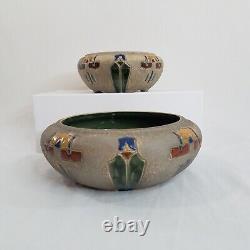 2 Roseville Pottery Mostique Gray Bowls Planters 8 and 6.5 1910s Arts Crafts