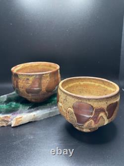 2 Warren Mackenzie Studio Pottery Decorated Tea Bowls Shino Glaze 3 h x 3.5 di
