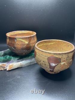2 Warren Mackenzie Studio Pottery Decorated Tea Bowls Shino Glaze 3 h x 3.5 di