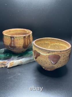2 Warren Mackenzie Studio Pottery Decorated Tea Bowls Shino Glaze 3 h x 3.5 di