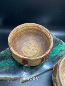2 Warren Mackenzie Studio Pottery Decorated Tea Bowls Shino Glaze 3 h x 3.5 di