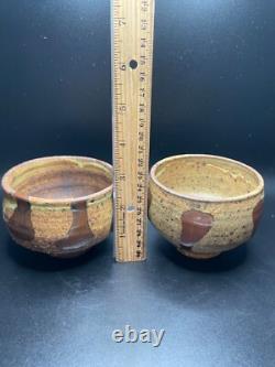 2 Warren Mackenzie Studio Pottery Decorated Tea Bowls Shino Glaze 3 h x 3.5 di