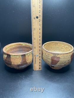 2 Warren Mackenzie Studio Pottery Decorated Tea Bowls Shino Glaze 3 h x 3.5 di