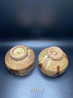 2 Warren Mackenzie Studio Pottery Decorated Tea Bowls Shino Glaze 3 h x 3.5 di