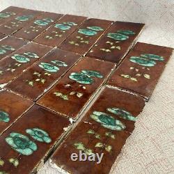 20 x Antique Art Nouveau Arts And Crafts Majolica Ceramic Tiles Fireplace