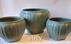 3 Weller Bedford 1920s Arts & Crafts Matte Green Molded Leaf Relief Pottery Vase