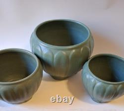 3 Weller Bedford 1920s Arts & Crafts Matte Green Molded Leaf Relief Pottery Vase