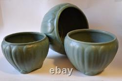 3 Weller Bedford 1920s Arts & Crafts Matte Green Molded Leaf Relief Pottery Vase