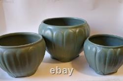 3 Weller Bedford 1920s Arts & Crafts Matte Green Molded Leaf Relief Pottery Vase