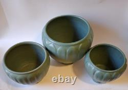 3 Weller Bedford 1920s Arts & Crafts Matte Green Molded Leaf Relief Pottery Vase