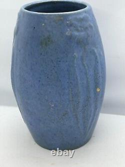 9 Zanesville Matte Blue Glaze Pottery Vase Arts & Crafts Stylized Flower #101