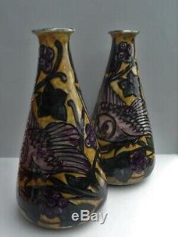 A fine pair of George Cartlidge Morris Ware Arts & Crafts owl vases. C. 1918