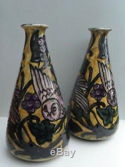 A fine pair of George Cartlidge Morris Ware Arts & Crafts owl vases. C. 1918
