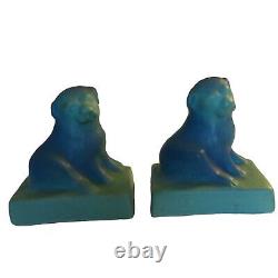 ANTIQUE Van Briggle Art Pottery Sea Blue Puppy Dog Bookends American Arts Crafts