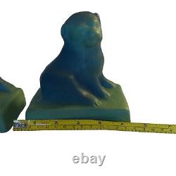 ANTIQUE Van Briggle Art Pottery Sea Blue Puppy Dog Bookends American Arts Crafts