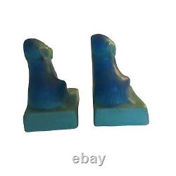 ANTIQUE Van Briggle Art Pottery Sea Blue Puppy Dog Bookends American Arts Crafts