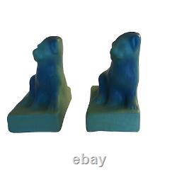 ANTIQUE Van Briggle Art Pottery Sea Blue Puppy Dog Bookends American Arts Crafts