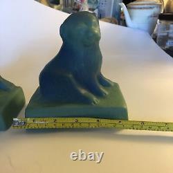 ANTIQUE Van Briggle Art Pottery Sea Blue Puppy Dog Bookends American Arts Crafts