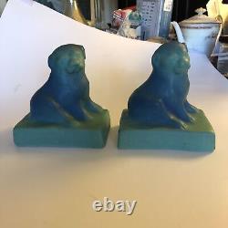 ANTIQUE Van Briggle Art Pottery Sea Blue Puppy Dog Bookends American Arts Crafts