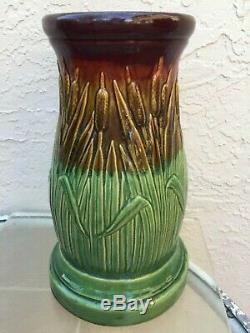 ARTS & CRAFTS CATTAIL BULRUSH MAJOLICA McCOY POTTERY JARDINIERE PEDESTAL 153/USA