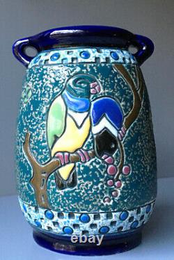 Amphora Porcelain Works Czech Arts & Crafts Parrots Design Vase Teplitz Bohemian