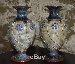 Antique 13 1/2 Pair Royal Doulton Arts & Crafts Beaded Flowers Drip Glaze Vases