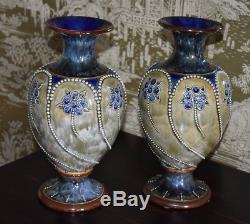 Antique 13 1/2 Pair Royal Doulton Arts & Crafts Beaded Flowers Drip Glaze Vases