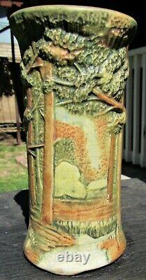 Antique 8 1/4 Weller Forest Tree Woodcraft Art Pottery Vase Arts & Crafts