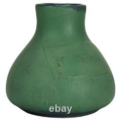 Antique Art & Crafts Matte Green Bulbous Pottery Vase Signed C1910