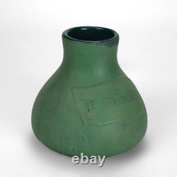 Antique Art & Crafts Matte Green Bulbous Pottery Vase Signed C1910