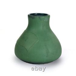 Antique Art & Crafts Matte Green Bulbous Pottery Vase Signed C1910