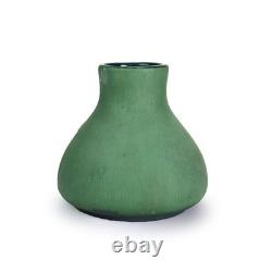 Antique Art & Crafts Matte Green Bulbous Pottery Vase Signed C1910