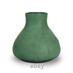 Antique Art & Crafts Matte Green Bulbous Pottery Vase Signed C1910