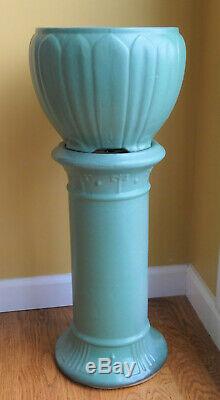 Antique Arts & Craft Pottery Jardiniere & Pedestal Zanesville Matte Green Glaze