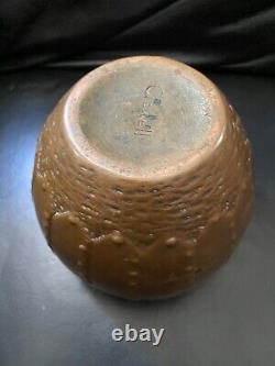 Antique Arts Crafts Copper Riveted Clewell Pottery 5x6 Vase Sgnd Stickley era