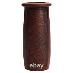 Antique Arts & Crafts Embossed Paneled Grape & Leaf Redware Pottery Vase c1920